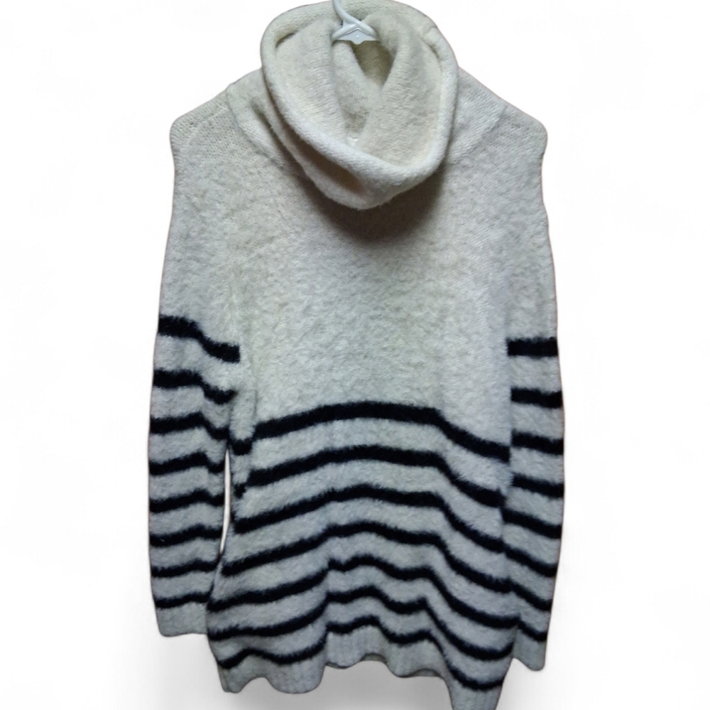 Womens  Cozy Striped Turtleneck Navy And White Sweater Mini Dress